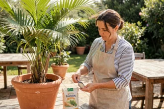 Femme mesurant de l'engrais granulaire pour palmier en pot sur une terrasse méditerranéenne