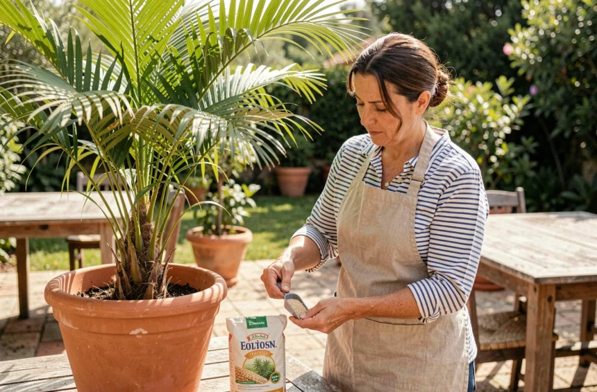 Femme mesurant de l'engrais granulaire pour palmier en pot sur une terrasse méditerranéenne