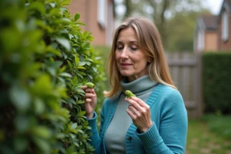 Femme curieuse observant une chenille verte dans le jardin