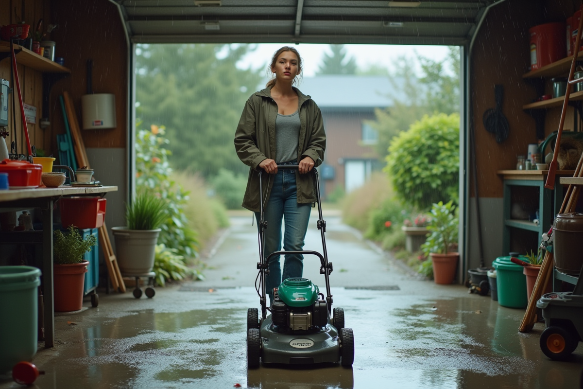 Femme dans le garage tenant une tondeuse mouillée après la pluie