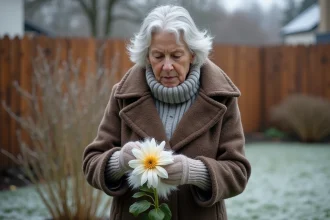 Femme en manteau couvrant une waxflower en hiver