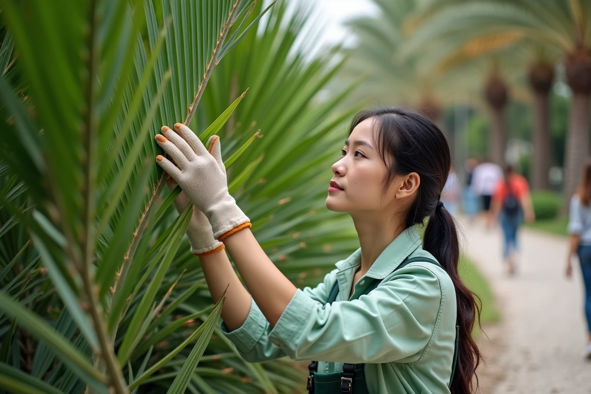 Jeune femme inspectant les feuilles d’un palmier dans un parc