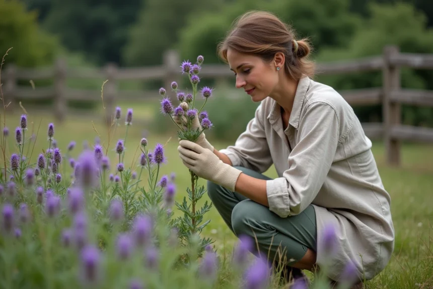 Femme identifiant des fleurs sauvages mauves dans un jardin naturel non entretenu