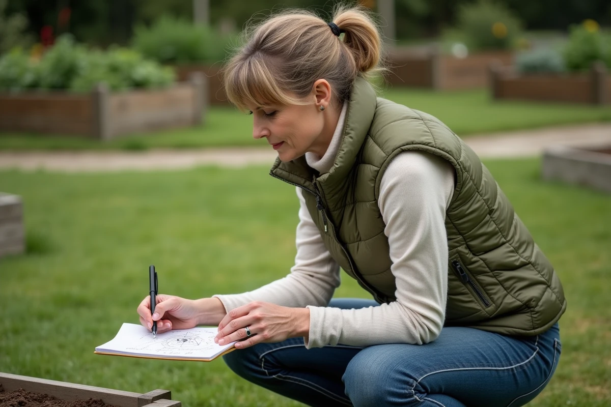 Femme inspectant des taupinières dans un potager et planifiant le placement de pièges