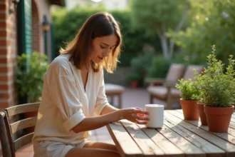Femme installant un piège à moustiques Alexandre Réant sur une terrasse de jardin méditerranéen en été