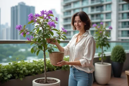 Femme d'âge moyen avec jacaranda sur terrasse urbaine