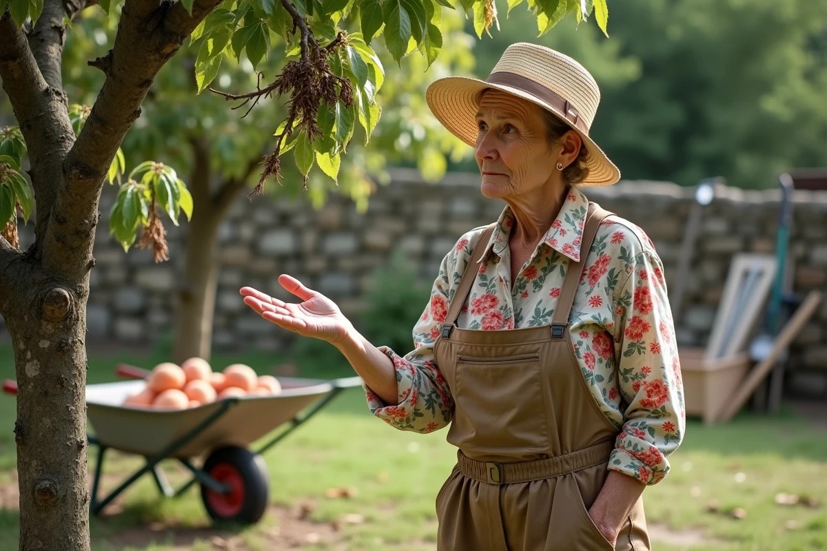 Femme âgée regardant un arbre peche malade dans le jardin