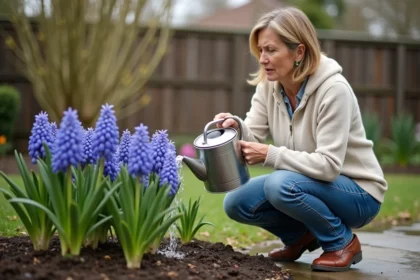 Femme en denim arrosant des hyacinths dans le jardin