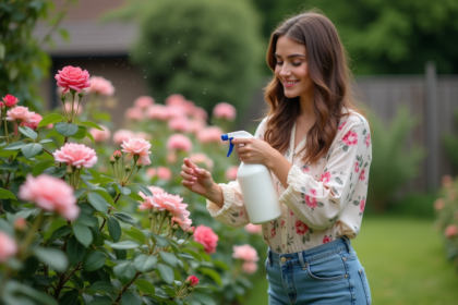 Femme dans son jardin bio vaporisant une solution antiaphidique