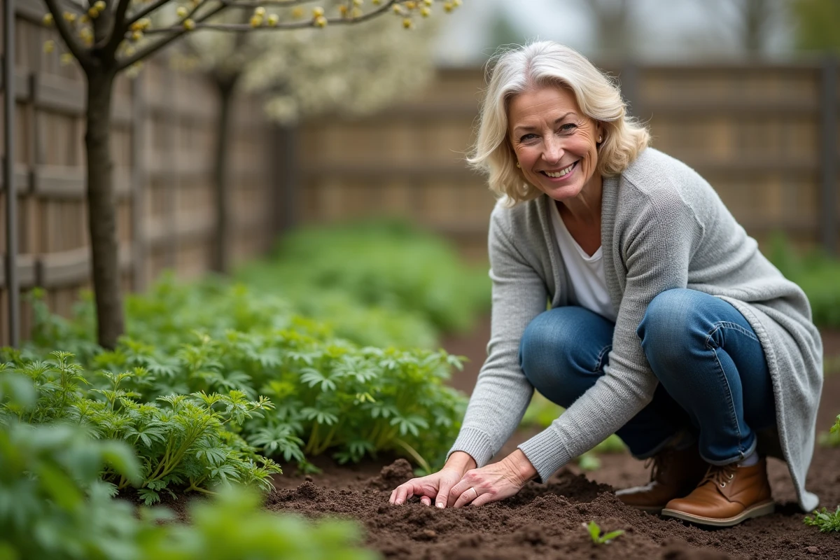 Femme souriante en jardin au printemps en train de semer du persil