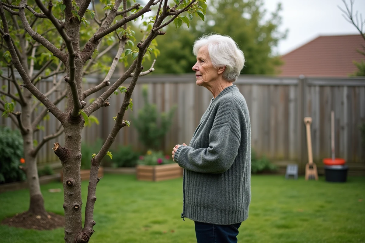 Femme âgée frustrée devant un arbre fruitier mal taillé dans son jardin