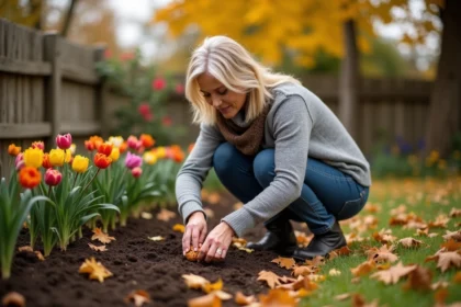 Femme en jardinage automnal plantant des bulbes dans le sol