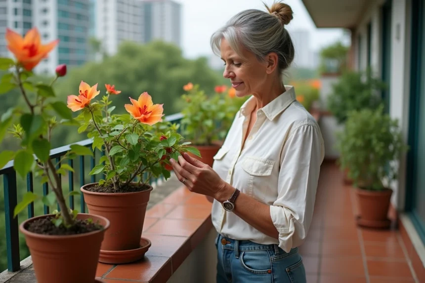 Femme en jardinage vérifiant bougainvillea en pot