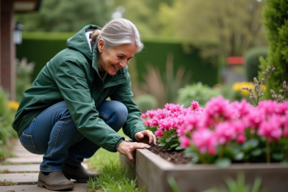 Femme plantant des cyclamen roses dans un jardin verdoyant