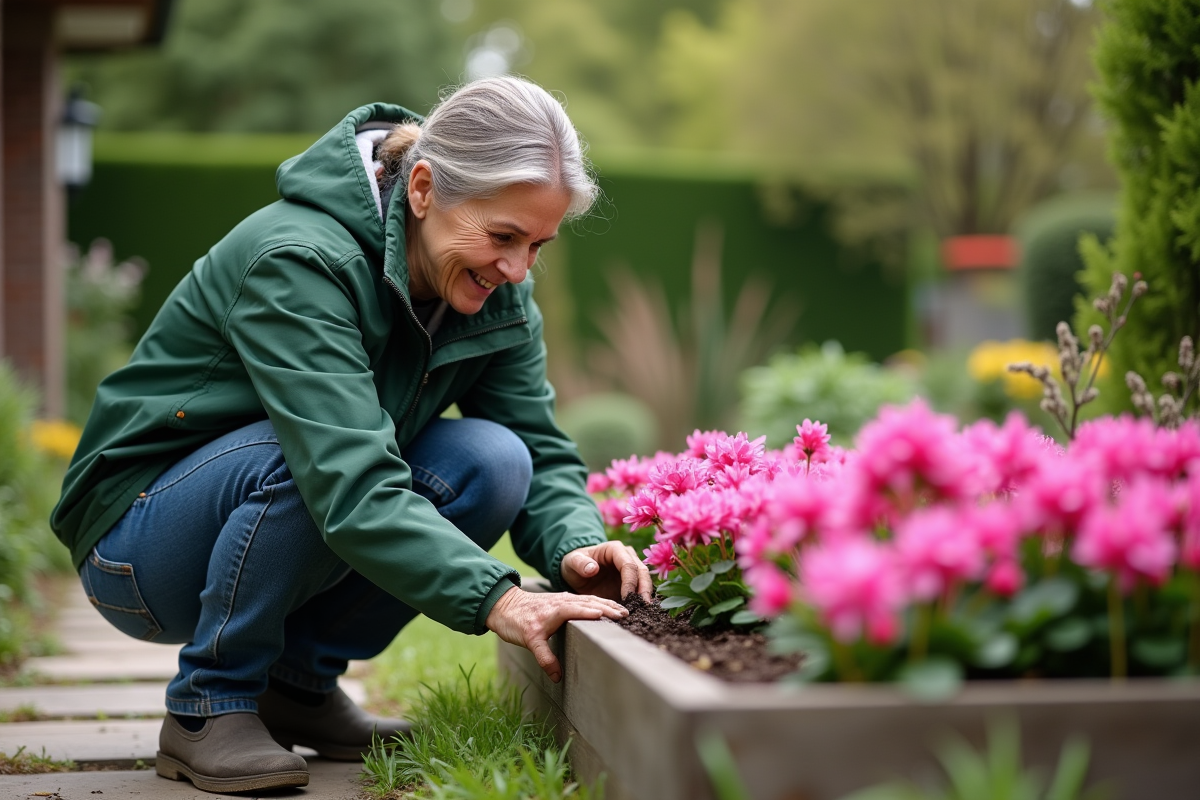 Femme plantant des cyclamen roses dans un jardin verdoyant