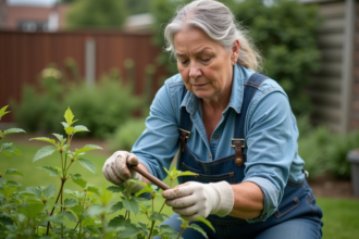 Femme en combinaison de jardinage retire des épinards dans un jardin
