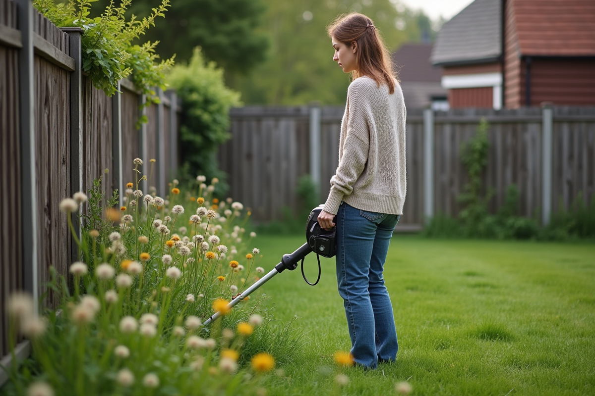 Jeune femme contemplant la pelouse sauvage avec un coupe-herbes