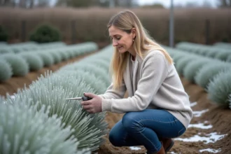 Femme en laine examine la lavande en hiver dans un champ