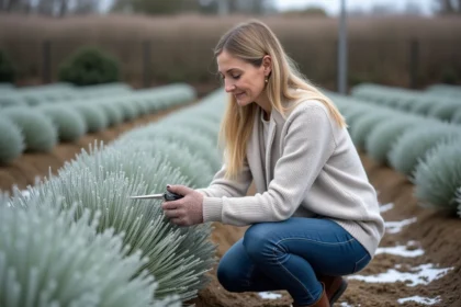 Femme en laine examine la lavande en hiver dans un champ
