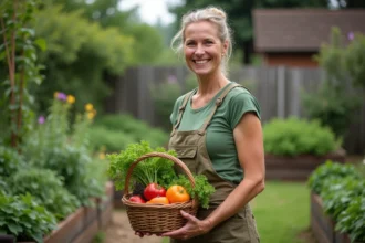 Femme en jardin pratique tenant un panier de légumes