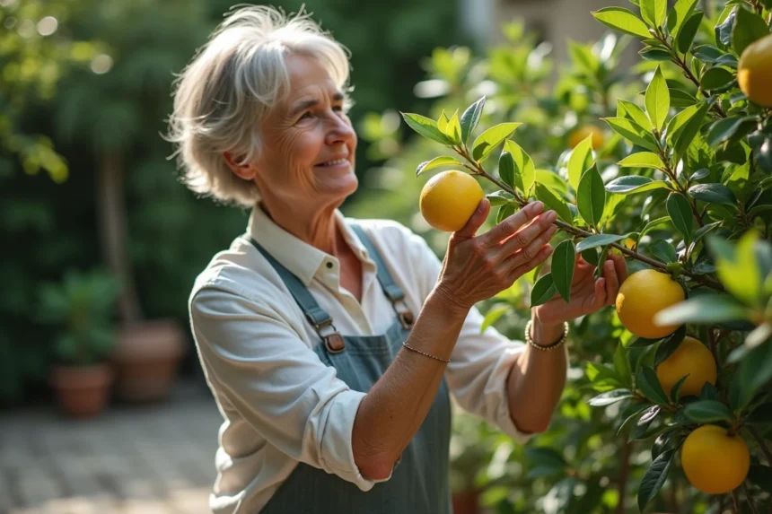 Femme inspectant un citronnier en pot dans le jardin