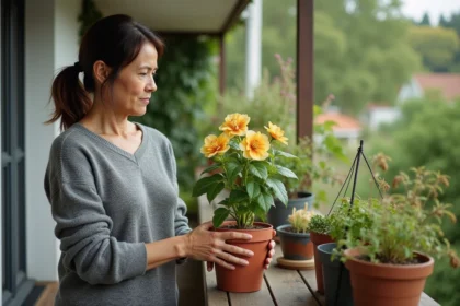 Femme inspectant une plante de lisianthus malade sur un balcon