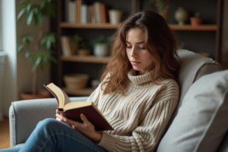 Femme lisant un roman dans un salon cosy