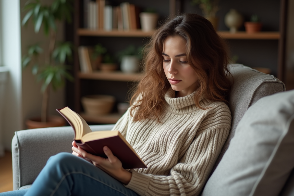 Femme lisant un roman dans un salon cosy