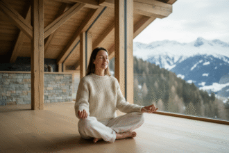Femme méditant dans un chalet suisse enneige