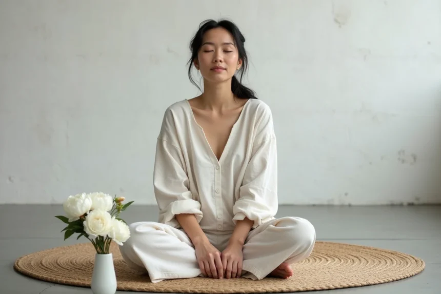Femme en méditation assise avec des fleurs blanches en pivoines dans un espace minimaliste zen