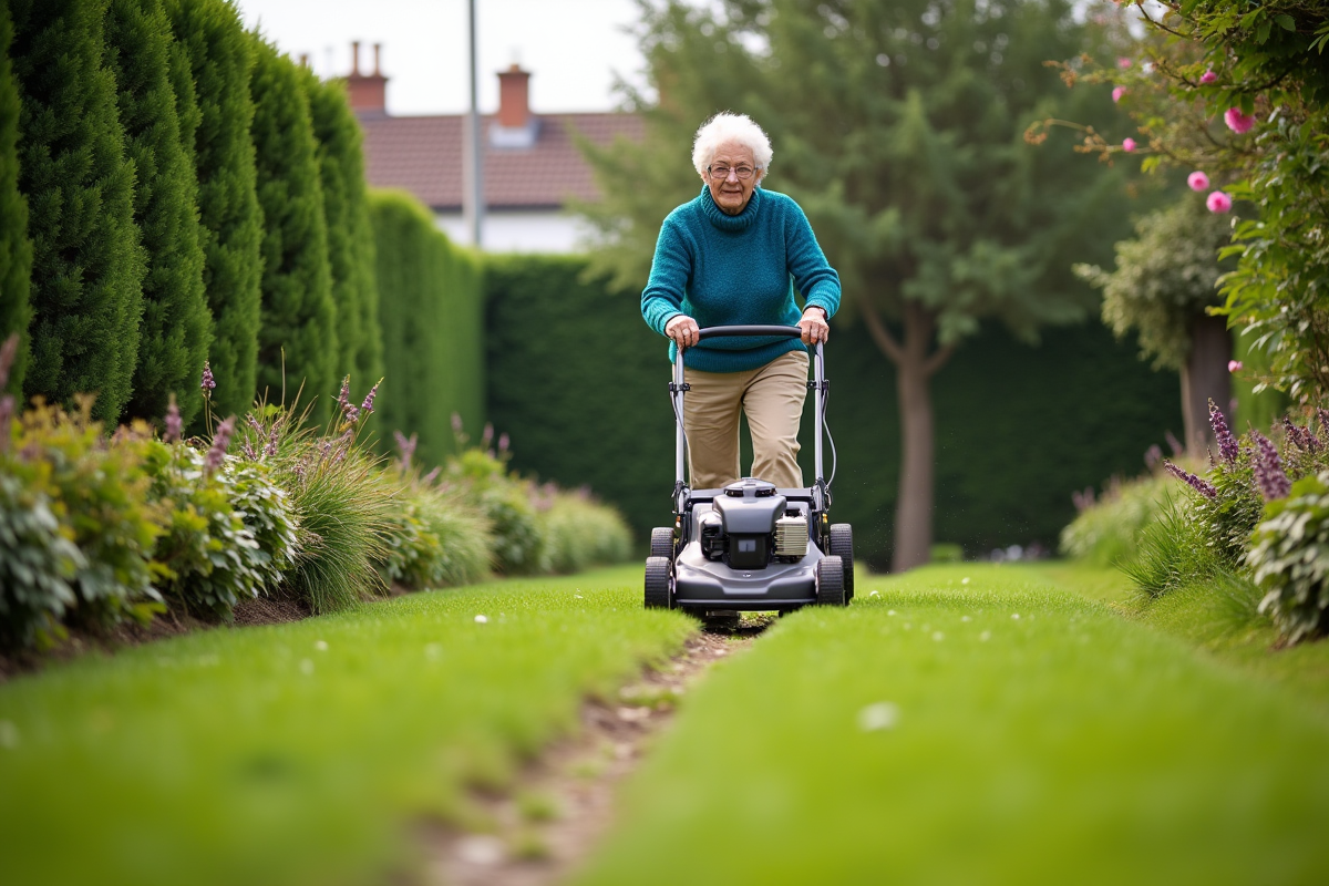 Femme âgée tondant la pelouse dans un jardin urbain