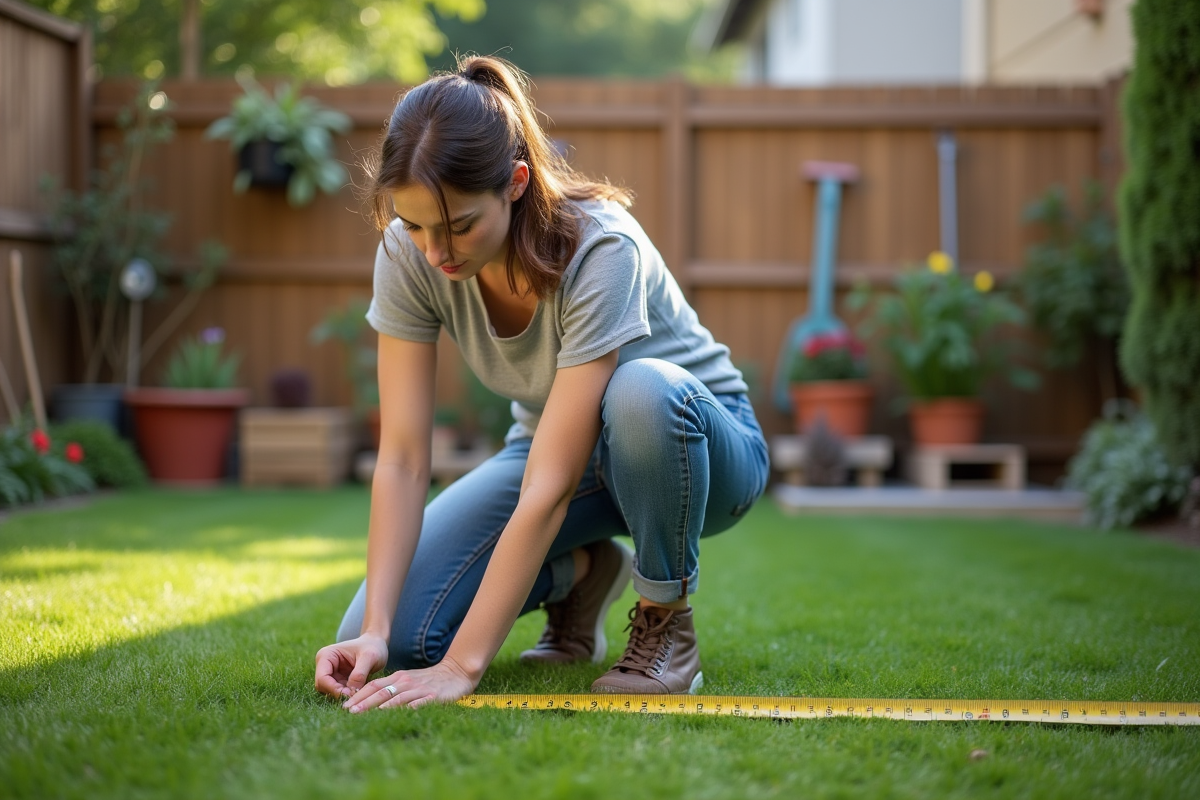 Jeune femme mesurant une section de pelouse avec un ruban