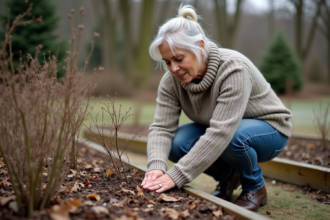 Femme en pull tricoté couvre le sol du jardin en automne