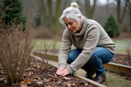 Femme en pull tricoté couvre le sol du jardin en automne