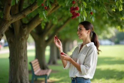 Femme souriante cueillant des mûres dans un arbre en parc
