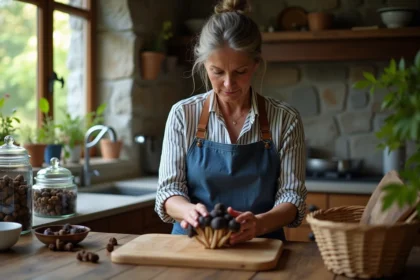 Femme en tablier nettoyant des girolles noires dans la cuisine