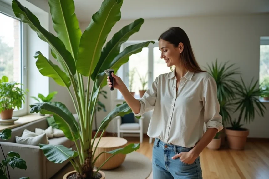 Femme souriante arrosant un plantain dans un salon lumineux