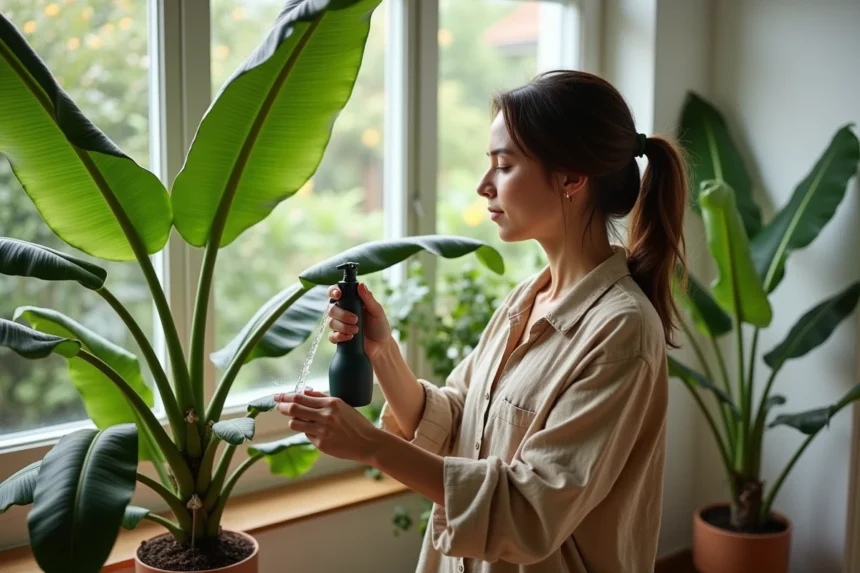 Femme en linen vert mistant un plantain dans un salon lumineux