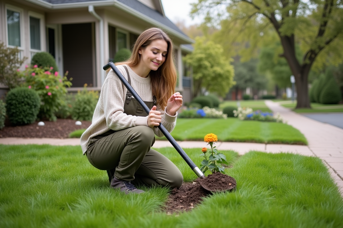 Jeune femme taillant la pelouse avec un coupe-herbe