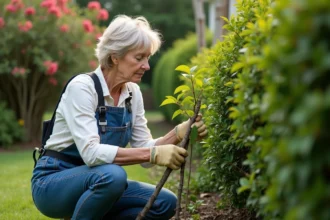 Femme inspectant branches de mimosa taillées dans un jardin
