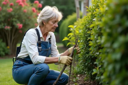 Femme inspectant branches de mimosa taillées dans un jardin