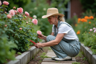 Femme taillant un rosier en jardin verdoyant