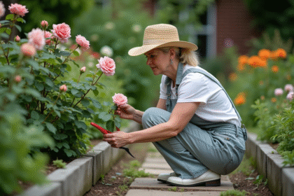 Femme taillant un rosier en jardin verdoyant