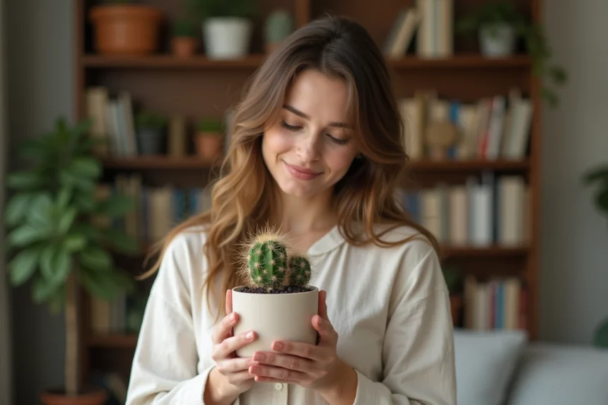 Femme tenant tendrement un petit cactus en pot dans ses mains, symbole d'un cadeau affectueux et original