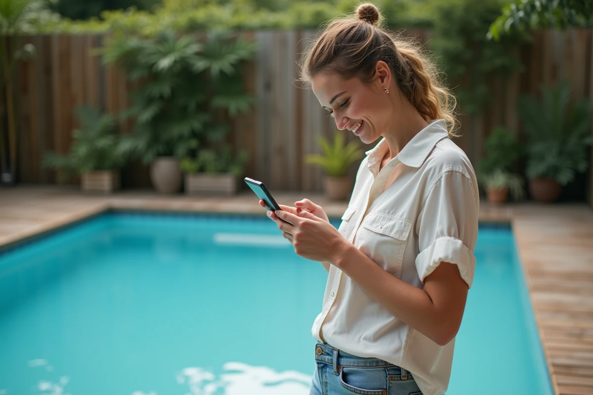 Jeune femme testant l'eau de la piscine dans le jardin