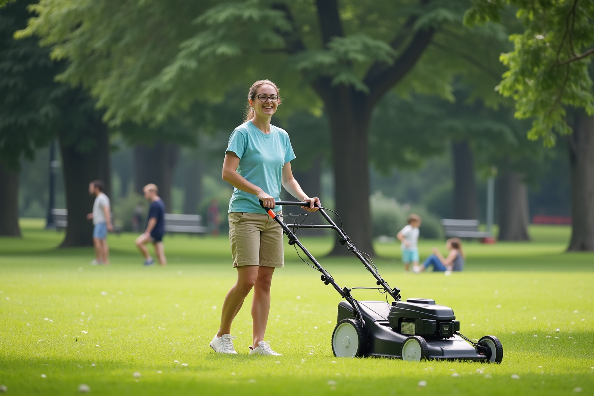 Jeune femme tondant la pelouse dans un parc ensoleille