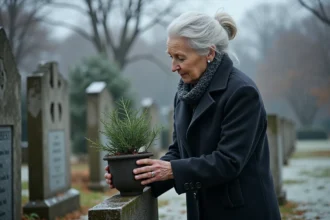 Femme âgée déposant des plantes vertes sur une tombe en hiver