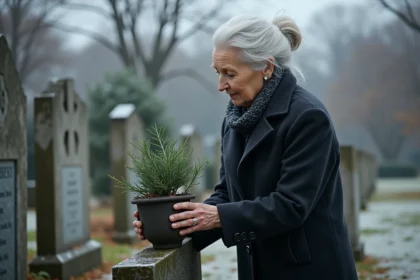 Femme âgée déposant des plantes vertes sur une tombe en hiver