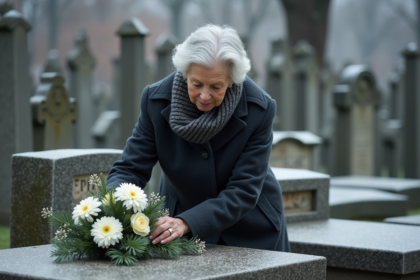 Femme âgée arrangeant des fleurs blanches au cimetière en hiver