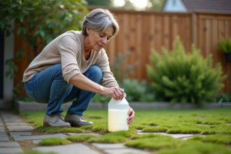 Femme versant du vinaigre blanc sur de la mousse entre pavés